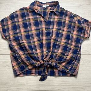 Madewell Women’s Small Navy Orange Plaid Button Down Shirt Tie Short Sleeve